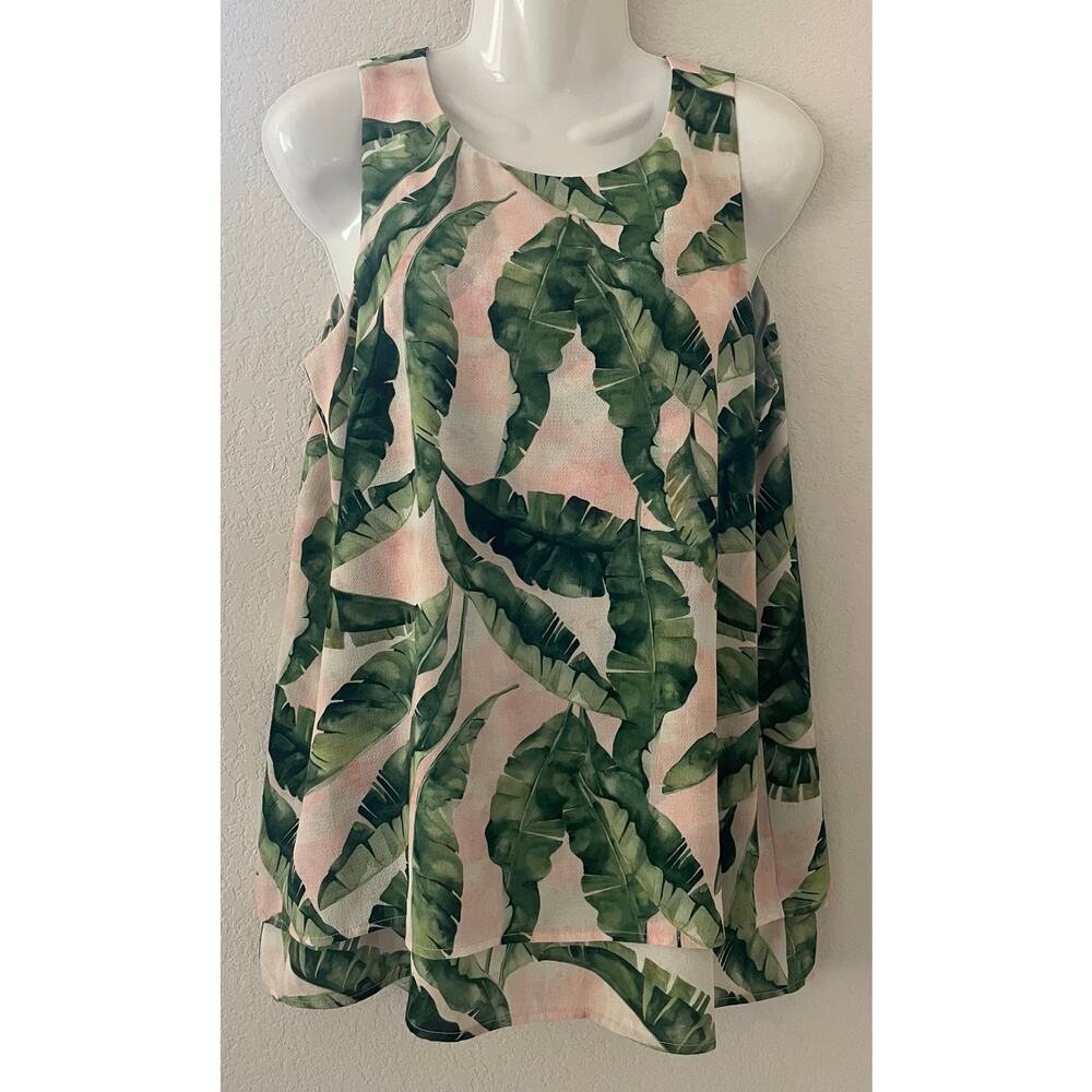 Alex Marie Sleeveless Women’s Blouse Pink w/Palm Leaves Pullover Size Medium